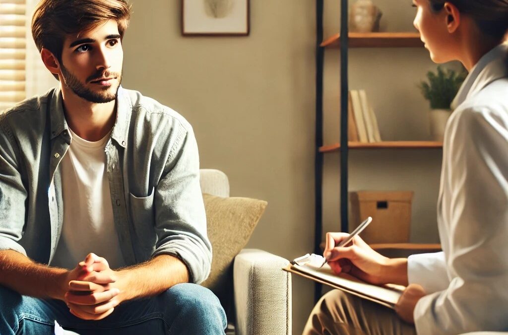 Young man in a therapy session with a counselor, representing DBT for anxiety and depression.